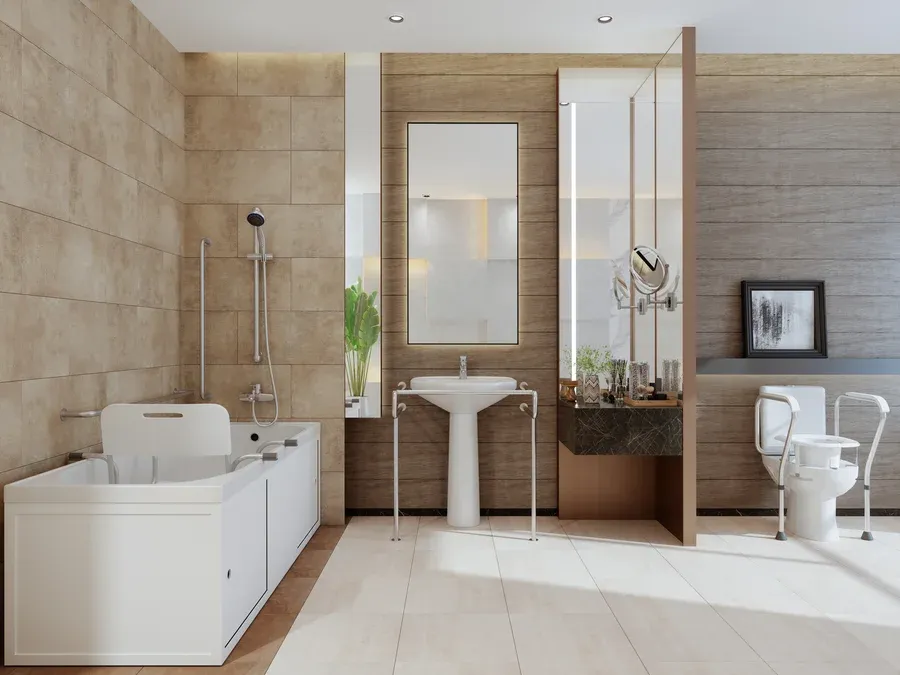 Dustin's Plumbing installed grab bars and an accessible walk-in tub in this modern bathroom near New Egypt, NJ