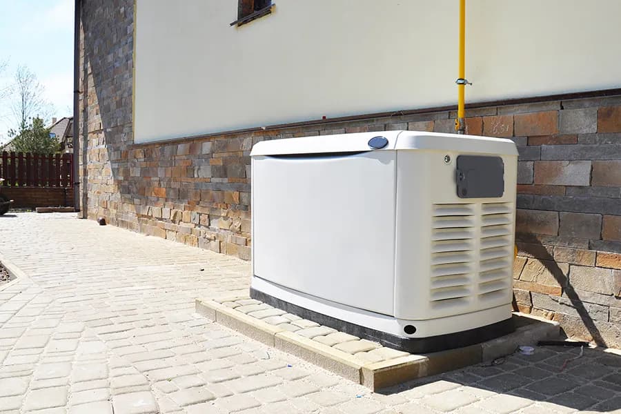 Whole-home standby generator installed beside a stone-accented house by Dustin's Generators in New Egypt, NJ