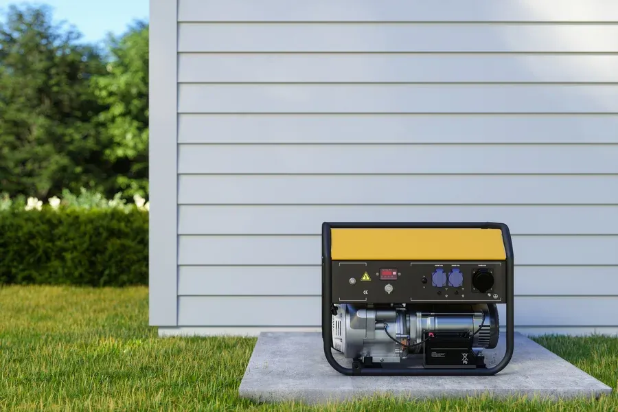 Portable backup generator sitting on a concrete pad beside a vinyl-sided home, serviced by Dustin's in New Egypt, NJ