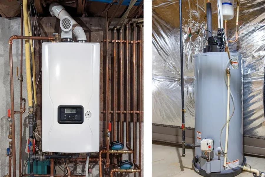 Side-by-side comparison of a tankless and traditional tank water heater by Dustin's Mechanical in New Egypt, NJ