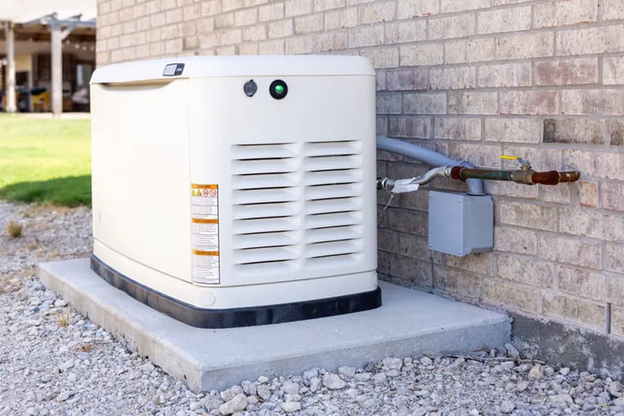 Standby home generator connected to a gas line on a brick house exterior, installed by Dustin's in New Egypt, NJ