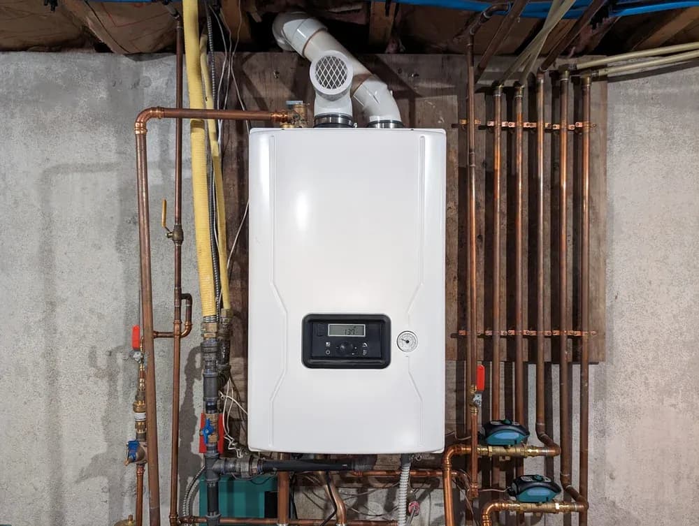 A newly installed tankless water heater with copper piping, set up by Dustin's Mechanical in New Egypt, NJ