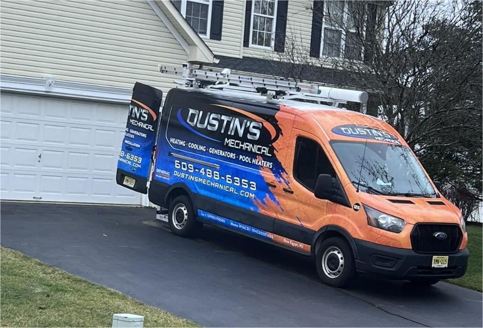 Mechanical Dustins Plumbing Heating and A/C Repair Truck At Residential Home