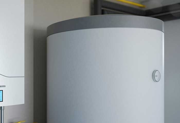 Close-up of a modern hot water storage tank